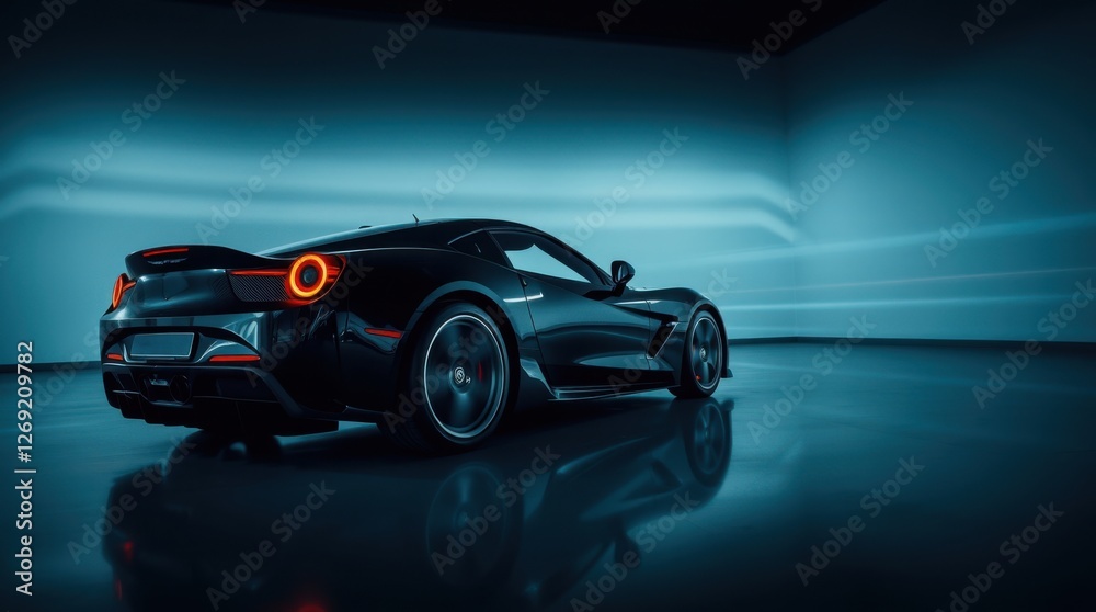 Obraz premium Sleek sports car with circular tail lights in a dim, modern setting showcasing reflective surfaces.