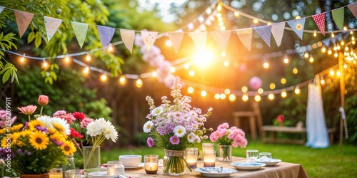 A beautiful outdoor garden party setting adorned with colorful flowers and twinkling lights for an enchanting evening.