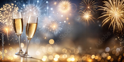 Two elegant champagne glasses spark joy against a sparkling fireworks display, perfect for celebratory moments.