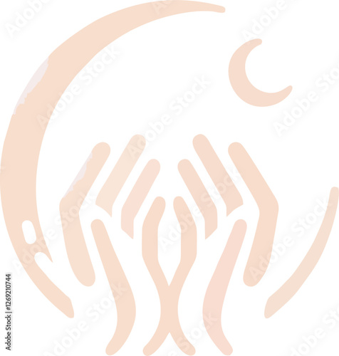 "A black-and-white vector logo featuring two hands supporting a crescent moon and star, symbolizing faith, prayer, and spirituality in Islamic culture.