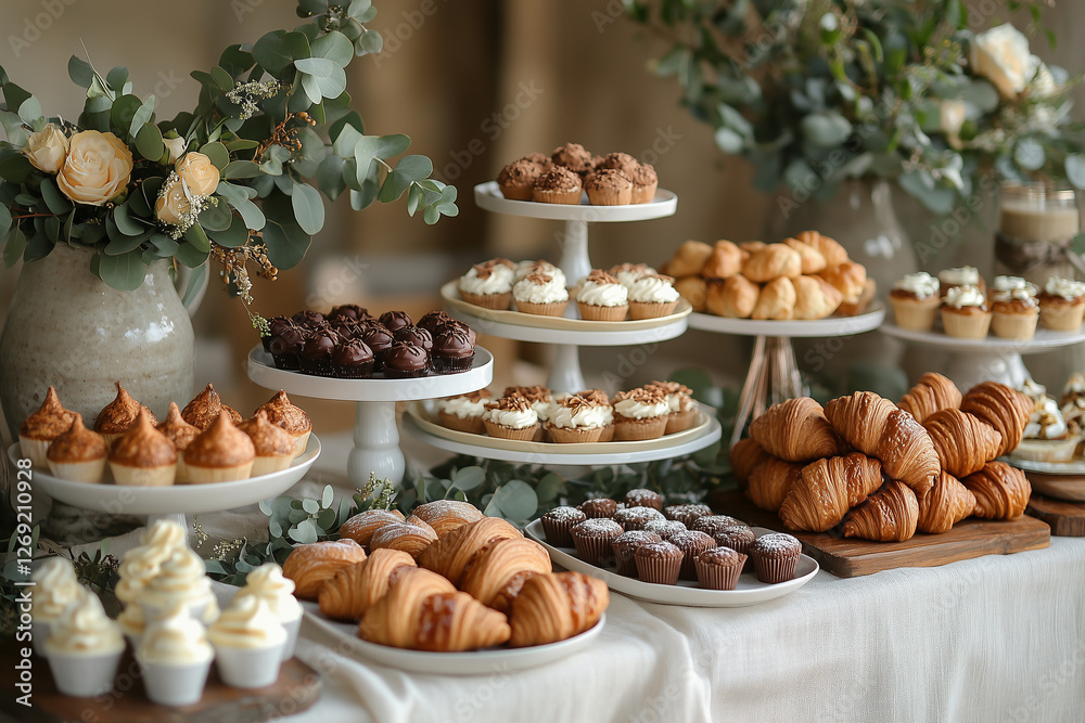 Delightful dessert display featuring various pastries and sweets decorated with elegant flowers and greenery for a special event Delightful dessert display featuring various pastries and sweets decorated with elegant flowers and greenery for a special event