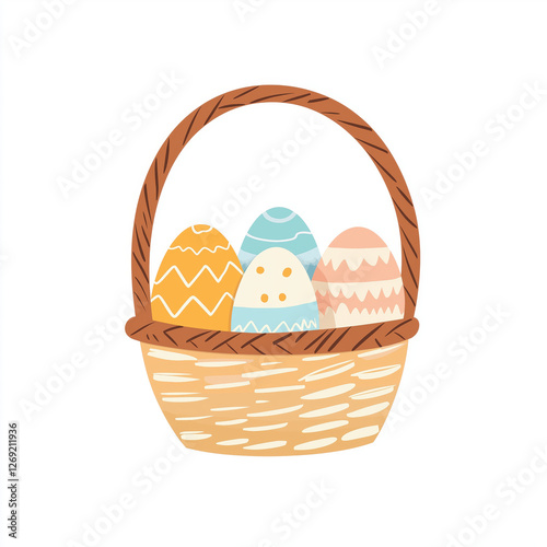 Minimalist vector illustration of a woven Easter basket filled with pastel-painted eggs, ideal for greeting cards, holiday decorations, digital designs, and festive prints