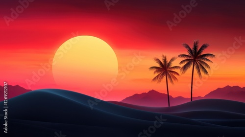 A vibrant sunset casts warm hues over silhouetted palm trees and rolling dunes  creating a serene and picturesque landscape.