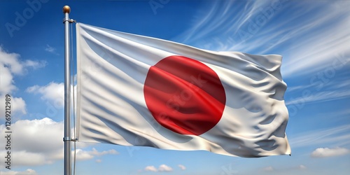 A Japanese flag waving against a clear blue sky with fluffy clouds. photo