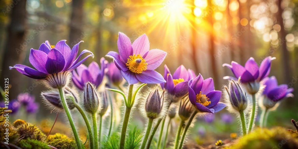 Spring Awakening: Vibrant Violet Pulsatilla Patens in Forest Spring Awakening: Vibrant Violet Pulsatilla Patens in Forest