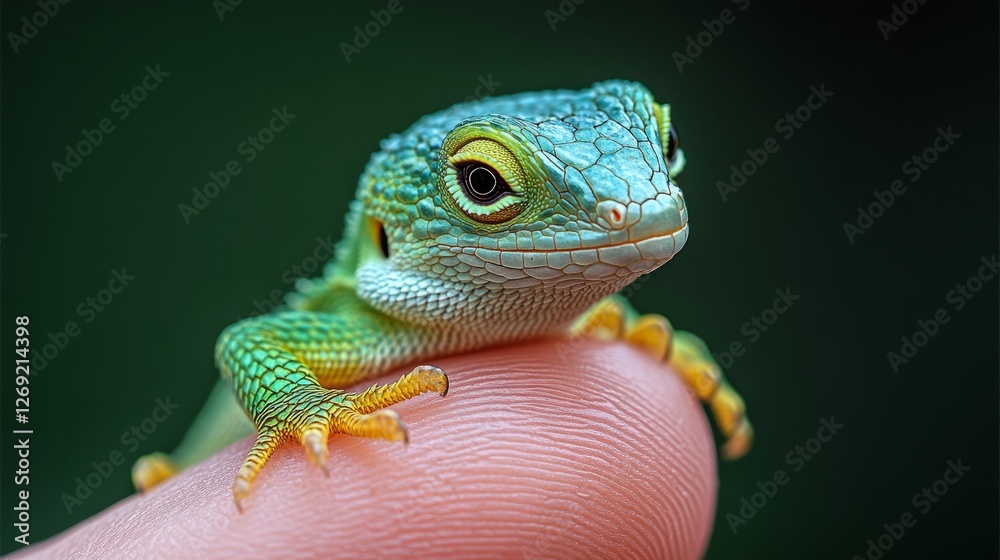 Fototapeta premium Green lizard on the finger, high-resolution stock photography, high-definition realistic photography, highly detailed 