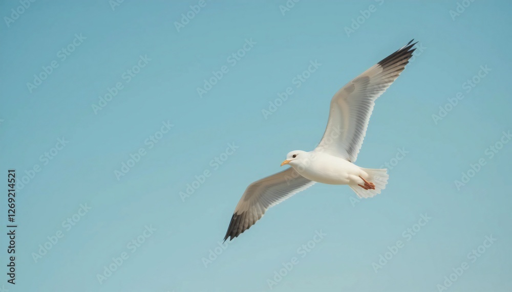 Obraz premium High quality photo of a soaring seagull against a clear blue sky set against a copy space image