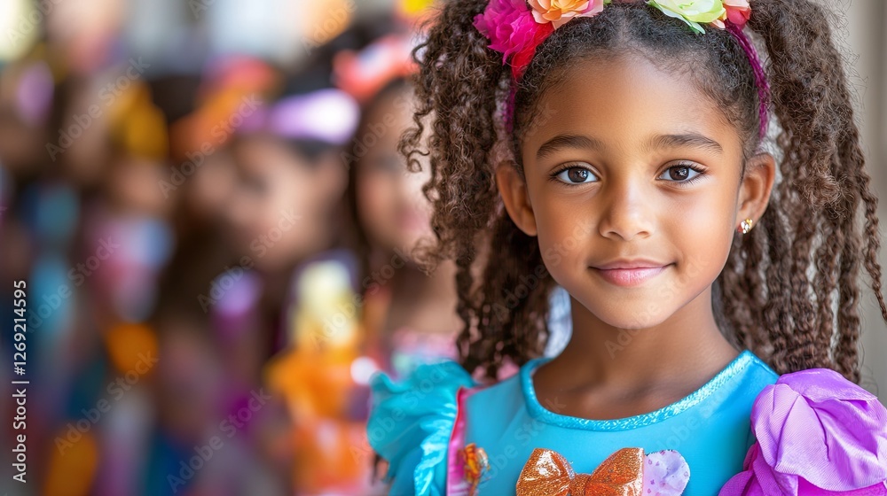 Young girl with curly hair smiling brightly while waiting for her turn to perform at a colorful festival event Young girl with curly hair smiling brightly while waiting for her turn to perform at a colorful festival event