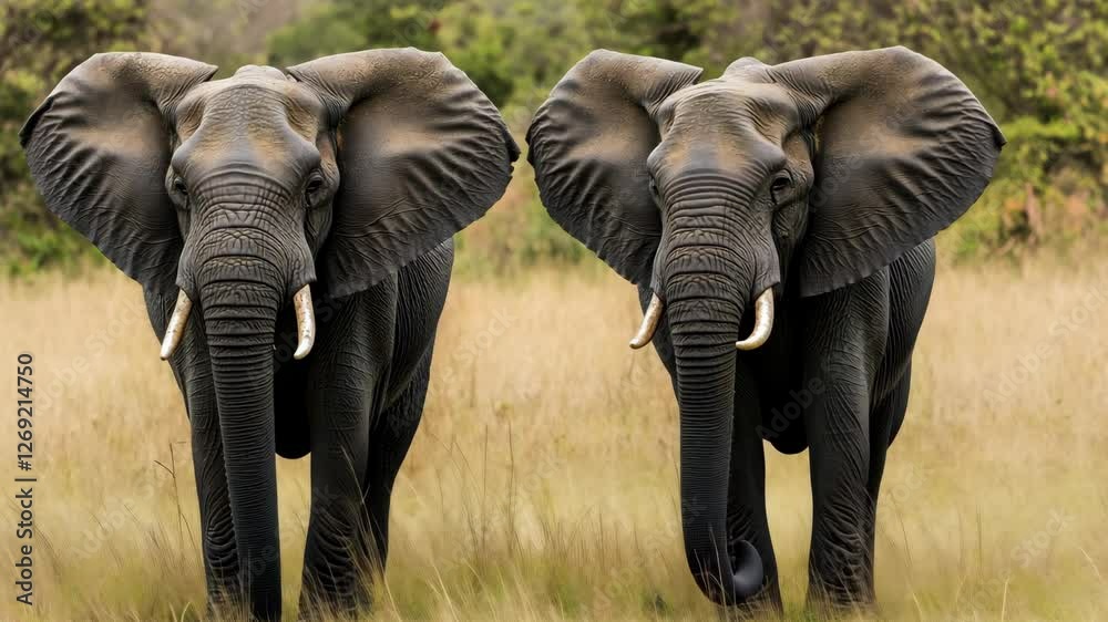Two elephants are standing in a grassy field, one on the left and one on the right. They are both facing the camera, with their trunks raised. The scene is calm and tranquil