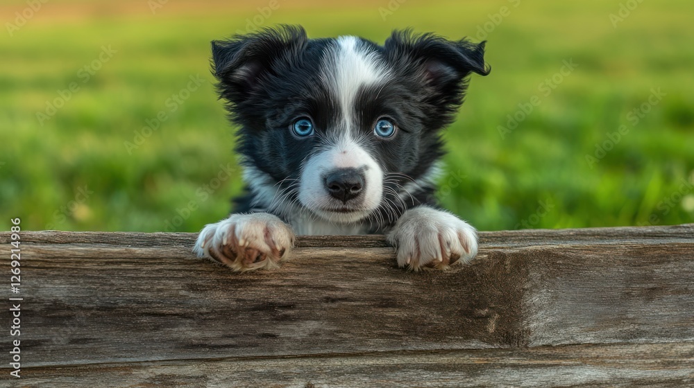 Cute puppy peering over wooden fence in grassy field Cute puppy peering over wooden fence in grassy field