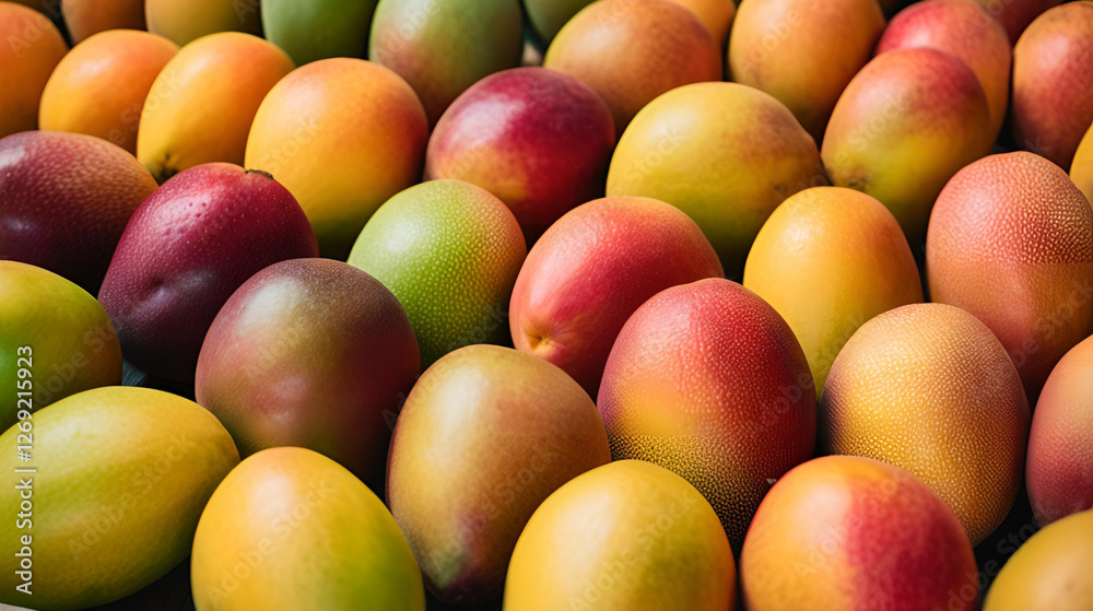 Close-up of fresh and juicy Mango in various colors neatly arranged, showing the natural beauty and diversity of the fruit Close-up of fresh and juicy Mango in various colors neatly arranged, showing the natural beauty and diversity of the fruit