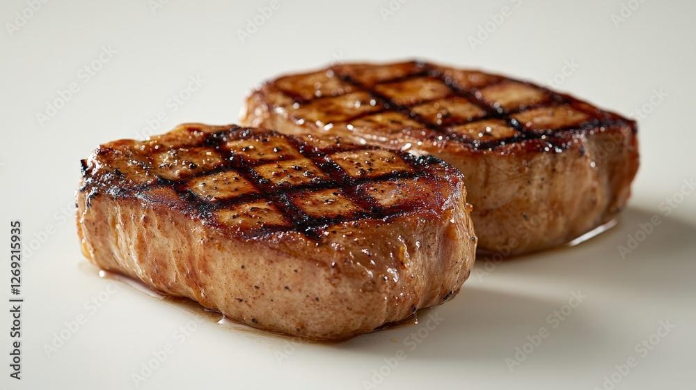 Two perfectly grilled steak fillets with a shiny glaze and crosshatch grill marks. Two perfectly grilled steak fillets with a shiny glaze and crosshatch grill marks.