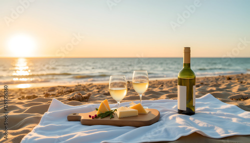 Beach picnic with wine and cheese at sunset, joyful relaxation