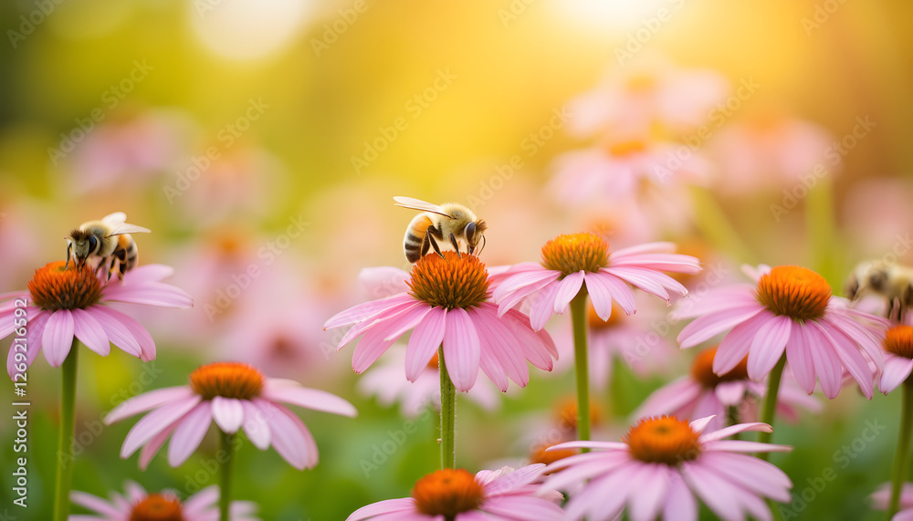 Bees pollinating vibrant flowers in a sunlit field, nature's harmony Bees pollinating vibrant flowers in a sunlit field, nature's harmony