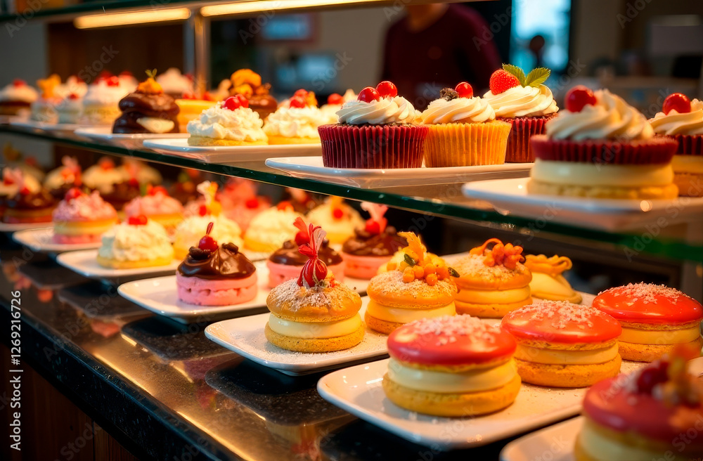 Fototapeta premium Close-up photograph of a pastry display filled with delicious desserts and sweets. Perfect for bakery, cafe, and food marketing. High-quality image capturing textures.