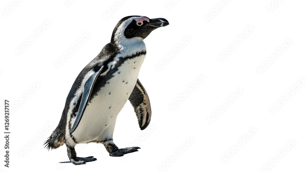 Obraz premium A single penguin standing on a transparent background, captured in natural light 