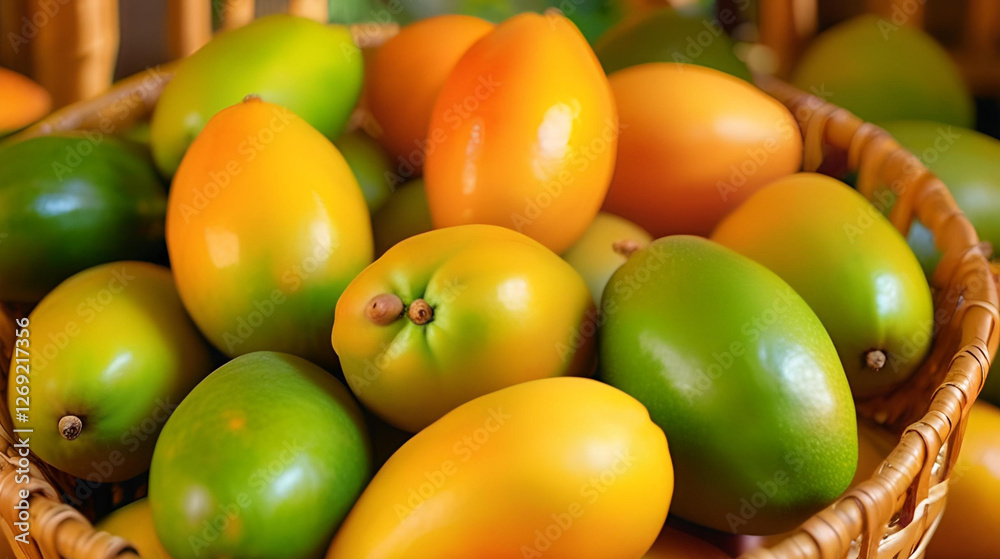 Close-up of fresh and juicy Mango in various colors neatly arranged, showing the natural beauty and diversity of the fruit Close-up of fresh and juicy Mango in various colors neatly arranged, showing the natural beauty and diversity of the fruit
