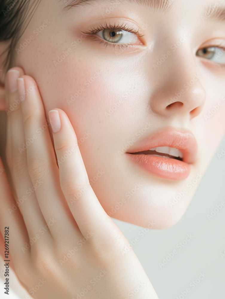 Fototapeta premium 綺麗な若い白人女性モデルが頬に手を当てるポーズをしている美容ショット。縦型のインスタグラム投稿イメージ。