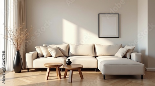 Modern Living Room Wall Art Frame Mockup with Scandinavian Design and Minimalist Interior Background
