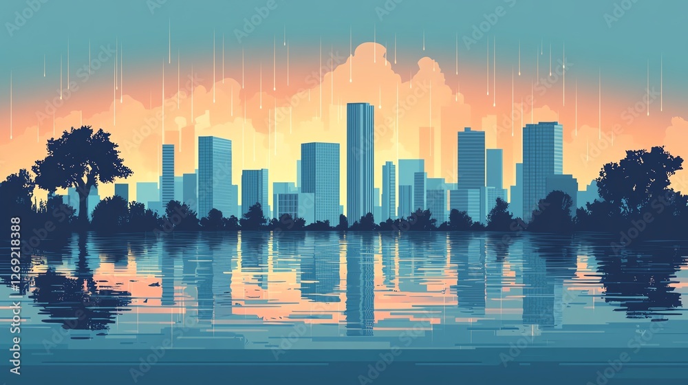 Fototapeta premium A vibrant city skyline reflected in calm waters during twilight, showcasing modern skyscrapers and lush greenery.