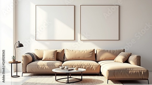Sophisticated Living Room Poster Frame Mockup in a Modern Interior Setting with House Background