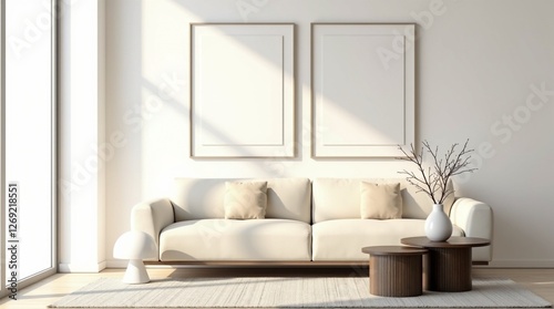 Trendy Living Room Wall Poster Frame Mockup with Modern Interior Design and House Background for Home Decor