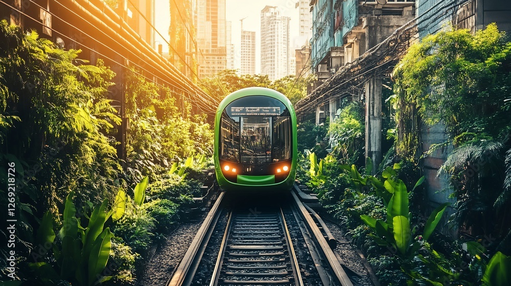 Naklejka premium Green train approaching in a lush urban landscape.