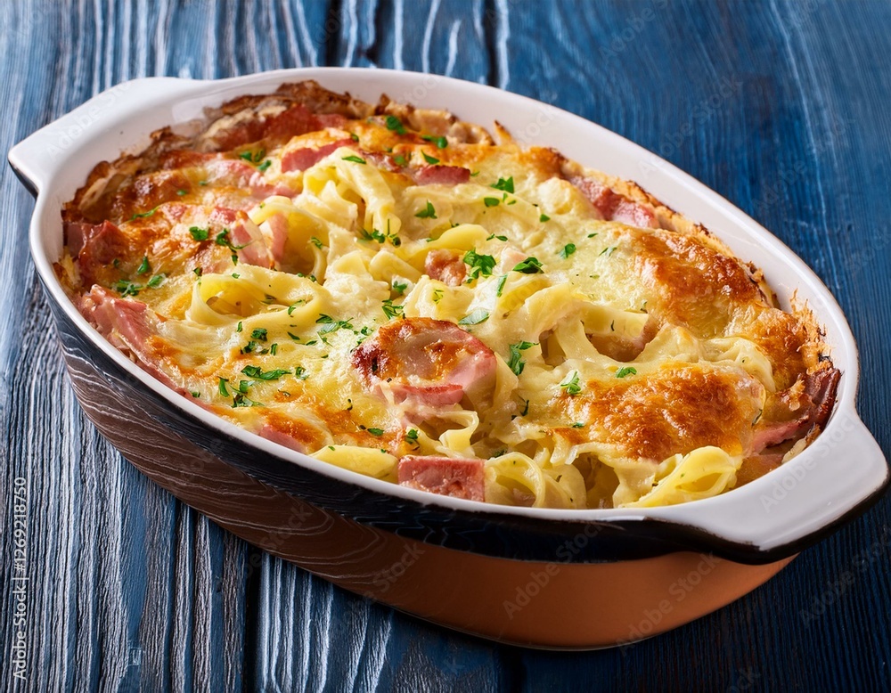 Generated image Austrian Baked Ham Cheese and Noodle Casserole closeup on the baking dish on the table Generated image Austrian Baked Ham Cheese and Noodle Casserole closeup on the baking dish on the table
