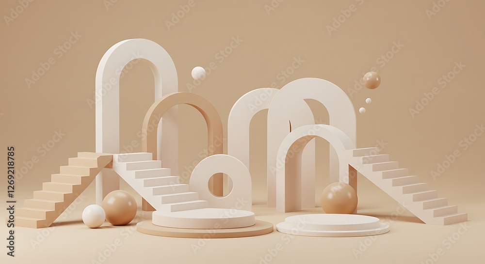 Fototapeta premium Geometric shapes stairs podiums and archs standing on a beige background