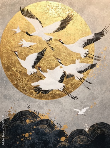 Cranes Flying In Front of a Moon of Gold Foil 
