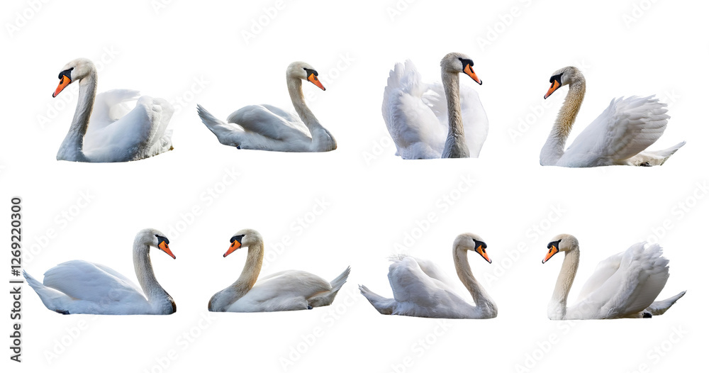 Obraz premium Elegant swans in various poses on a transparent background, isolated on transparent background