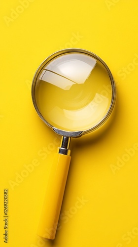 Close-up of a magnifying glass with a yellow handle on a vibrant yellow background. Clear glass lens magnifying glass with a yellow handle. photo