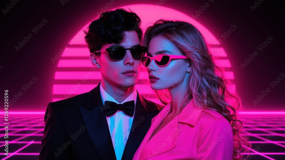 custom made wallpaper toronto digitalA man in a suit and bow tie stands beside a woman in a trench coat, both wearing sunglasses, under a neon circle.