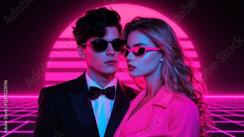 A man in a suit and bow tie stands beside a woman in a trench coat, both wearing sunglasses, under a neon circle.