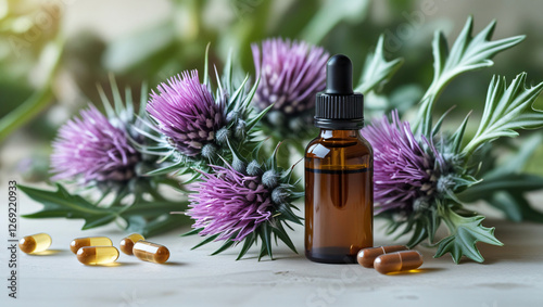 milk thistle seed extract with fresh purple flowers and herbal supplement for liver health