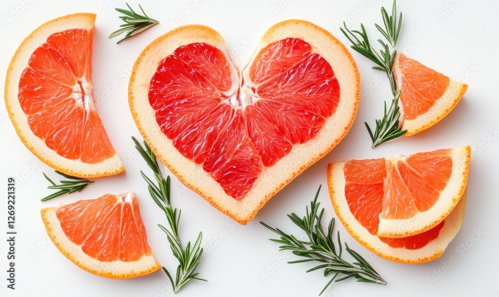 Heart-shaped arrangement of grapefruit slices with rosemary on a clean white background Heart-shaped arrangement of grapefruit slices with rosemary on a clean white background