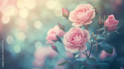 Beautiful bouquet of pink roses in a garden