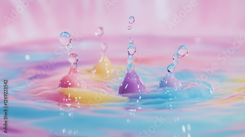 Abstract watercolor splash with pink and blue waves, floral elements, and water droplets, creating a fresh and serene nature-inspired atmosphere photo