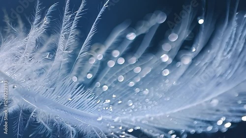 Close-up of a delicate feather with water droplets on dark background