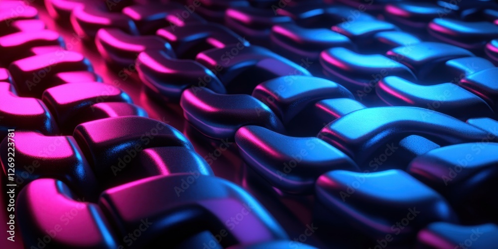 Obraz premium Abstract Metallic Chain Links in Neon Pink and Blue Lighting: A 3D Rendered Texture Background