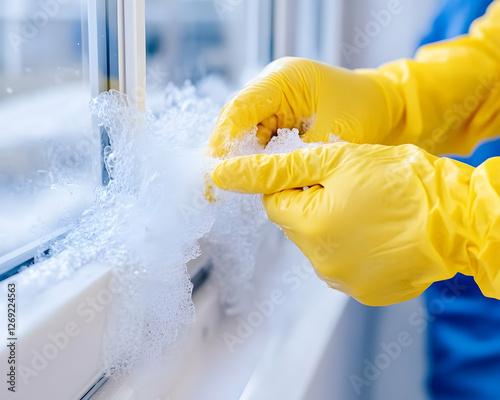 Cleaning window with soapy water photo