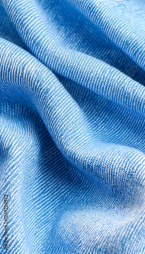 Close-up of blue denim fabric texture, wrinkled folds, detail, material. Possible use Fashion, textile design, background photo