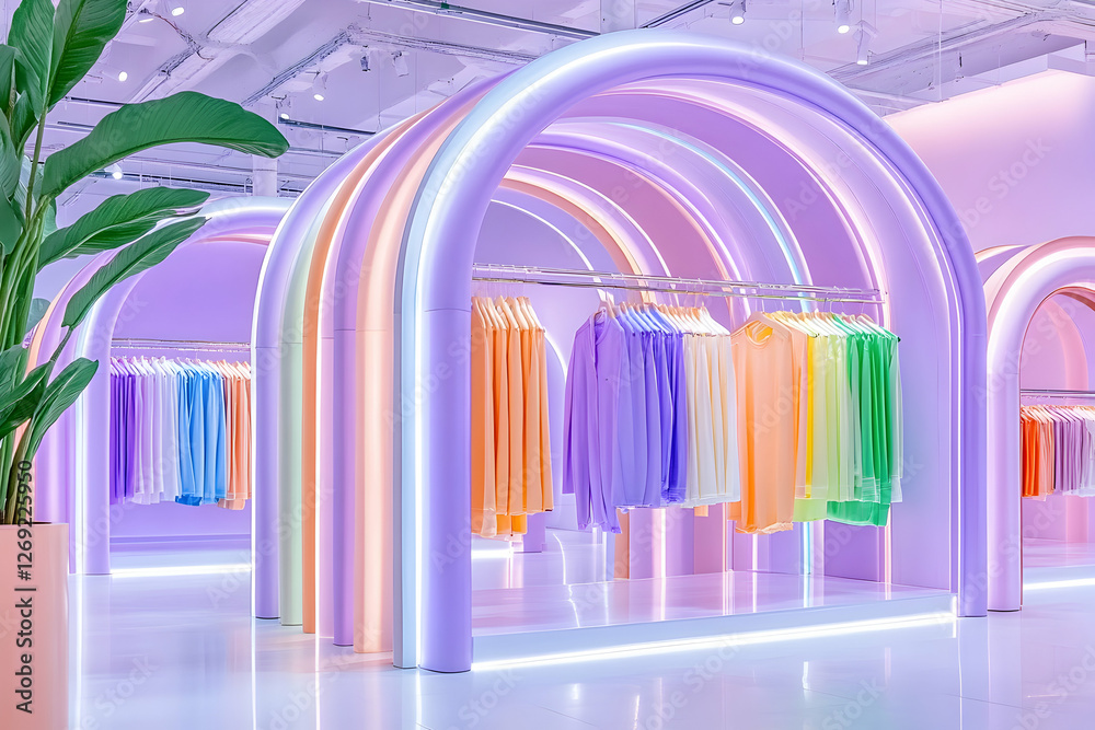 Obraz premium Colorful Clothing Store Interior with Neon Archways