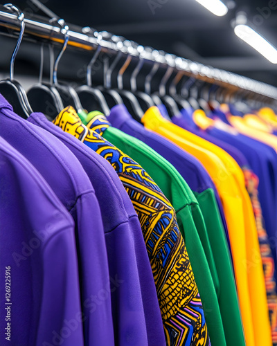 Colorful clothes on hangers in a store photo