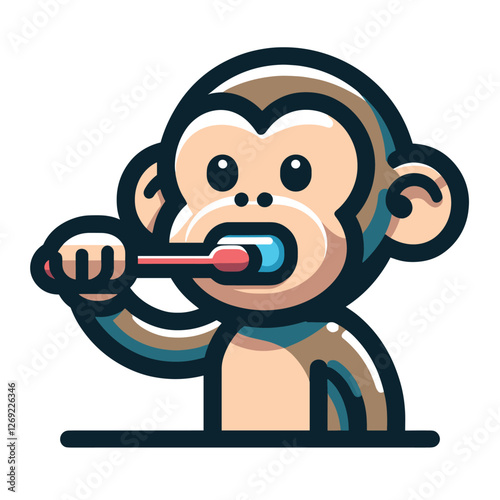 Playful Monkey Brushing Teeth - Cute Cartoon Vector Illustration