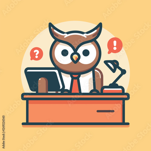 Cartoon Owl Desk Worker in Office Setting