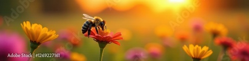 Busy bees collect pollen from vibrant sunset meadow flowers , meadow, flower
