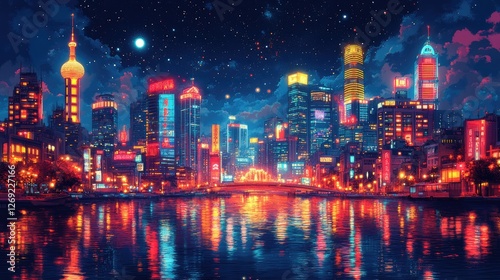 Wallpaper Mural A vibrant city skyline at night, reflecting colorful lights on the water. Torontodigital.ca