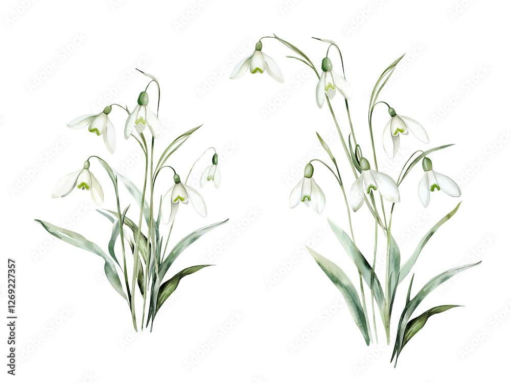 Fototapeta premium Watercolor Illustration Bouquets of Snowdrops Flowers. Botanical illustration for invitation and social media.