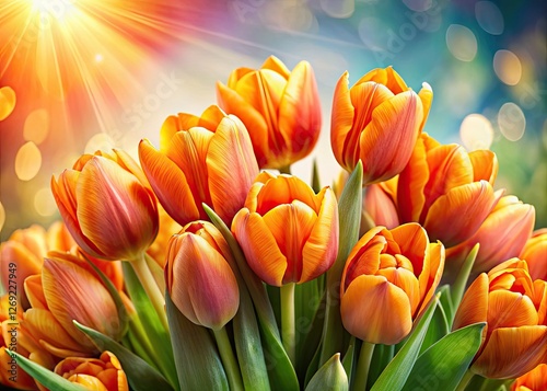 A panoramic burst of orange tulips:  radiant energy and enthusiastic springtime captured in a single frame.